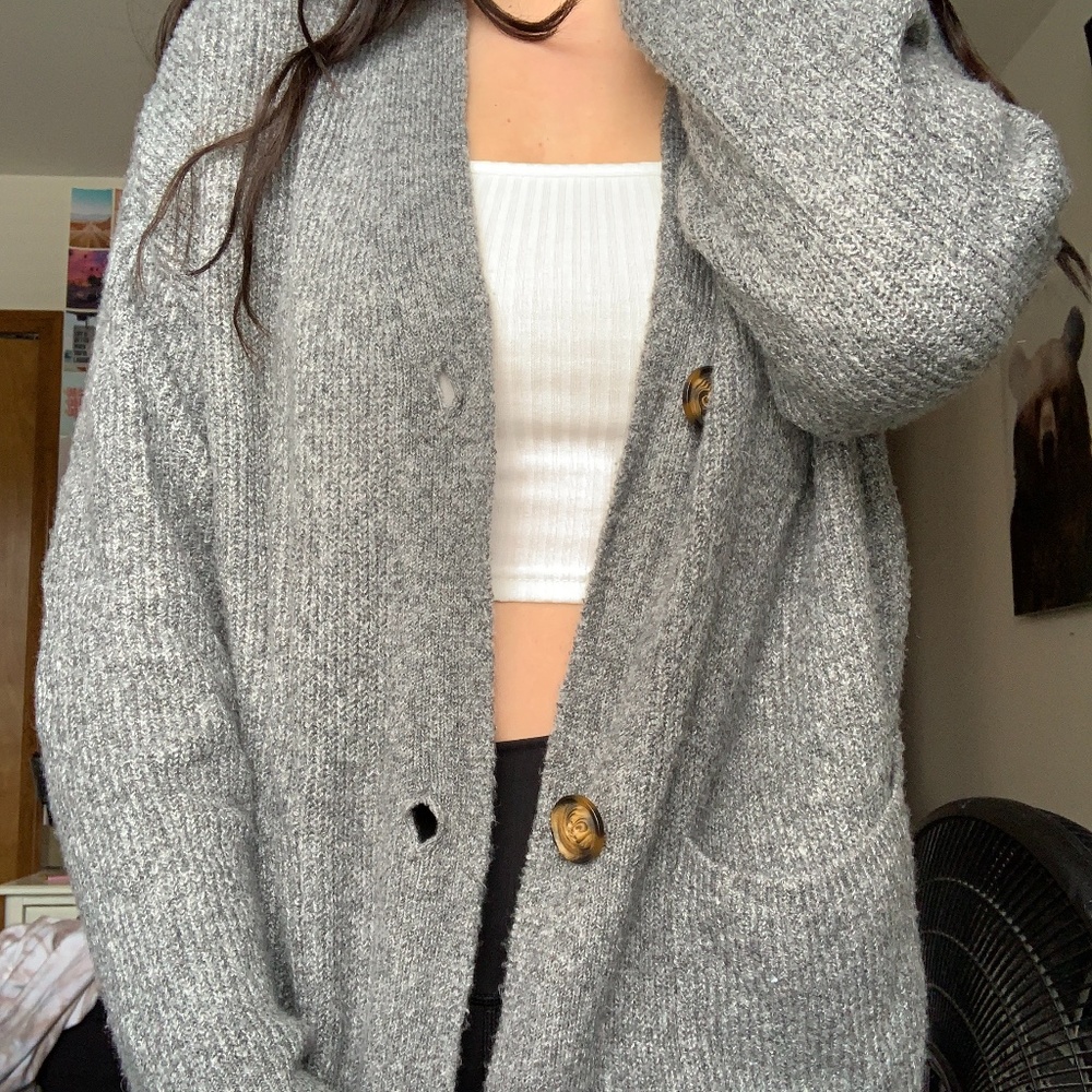 Gray Cardigan Sweater with Buttons